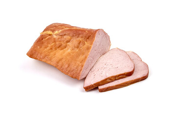 Smoked pork meat with slices isolated on white