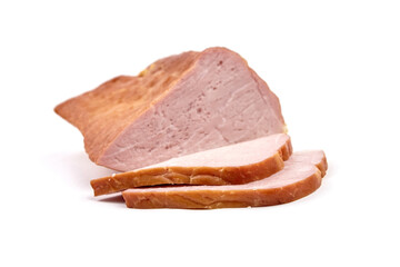 Smoked pork meat with slices isolated on white