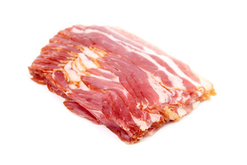 Bacon strips, raw smoked pork meat slices isolated on white