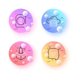 Search, Cloud server and Startup minimal line icons. 3d spheres or balls buttons. Confirmed icons. For web, application, printing. Find info, Web storage, Innovation. Accepted message. Vector