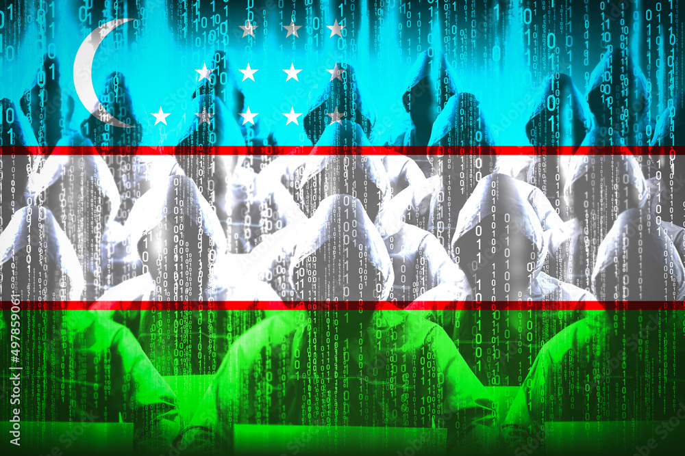 Poster anonymous hooded hackers, flag of uzbekistan, binary code - cyber attack concept