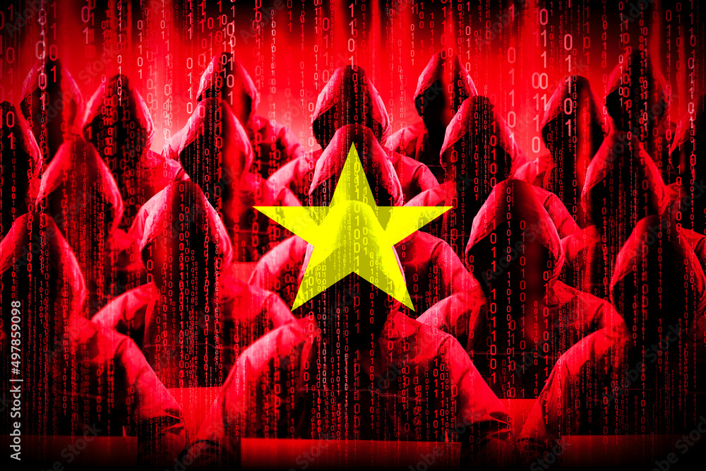 Poster anonymous hooded hackers, flag of vietnam, binary code - cyber attack concept