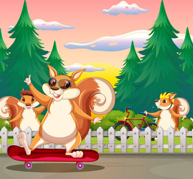 A scene of squirrel playing skateboard
