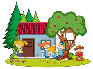 A simple house with kids  in nature background