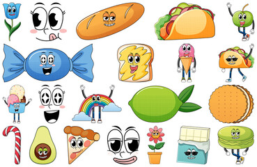 Set of facial expression with vintage style food cartoon on white background