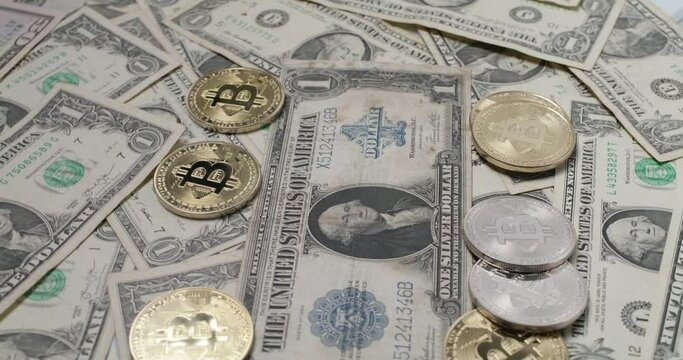 Large one Dollar banknote and Ethereum and Bitcoin coins. Digital blockchain technology with old American banknote. Old and new money