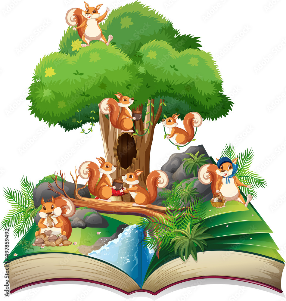 Wall mural storybook with squirrels in forest