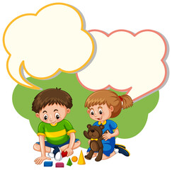 Speech bubble template with kids and toys