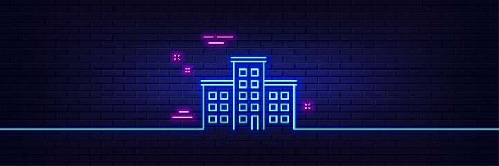 Neon light glow effect. Company house line icon. Building sign. 3d line neon glow icon. Brick wall banner. Company outline. Vector