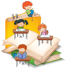 A children are reading books on a stack of books
