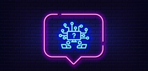 Neon light speech bubble. Teamwork question line icon. Ask help sign. Outsource support symbol. Neon light background. Teamwork question glow line. Brick wall banner. Vector