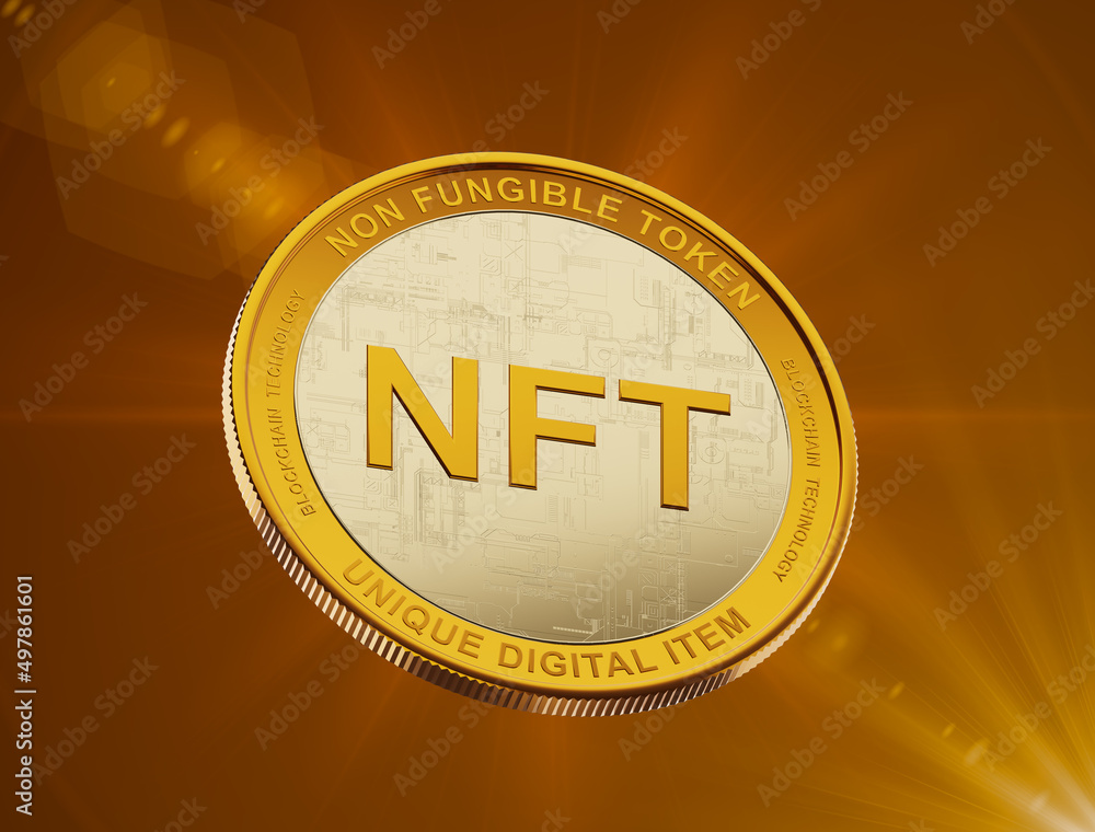 Poster nft text on gold metallic coin on rays lens flare background, digital unique item on blockchain tech