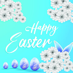 Happy easter poster and banner with egg and flower and earn rabbit in the nest premium vector 