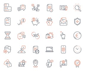 Technology icons set. Included icon as Customer survey, Timer and Food delivery web elements. Locks, Medical shield, Augmented reality icons. Engineering documentation, Search. Vector