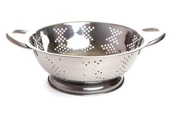 metal colander with handles and stand on a white isolated background