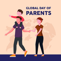 Father with son in his back and mother walking together. Global day of parents.  Colored flat graphic vector illustration.