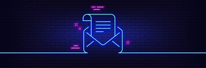 Neon light glow effect. Mail newsletter line icon. Read Message correspondence sign. E-mail symbol. 3d line neon glow icon. Brick wall banner. Mail newsletter outline. Vector