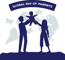 Silhouette family play with child. Happy Global Day of Parents. Earth map Background. Flat vector illustrations.