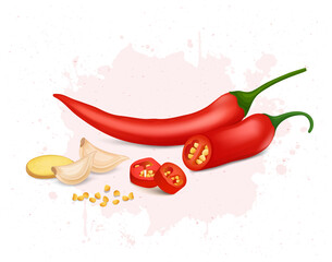 Vector illustration of Red chilli vegetable with half chopped chilli and garlic cloves