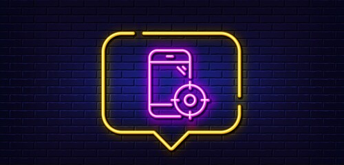 Neon light speech bubble. Seo phone line icon. Smartphone targeting sign. Traffic management symbol. Neon light background. Seo phone glow line. Brick wall banner. Vector