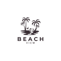 beach  coconut trees and flamingo birds silhouette logo design vector icon illustration