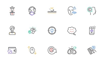 Credit card, Idea and Businesswoman person line icons for website, printing. Collection of Smile chat, Winner podium, Loyalty program icons. Uv protection, Global business. Vector