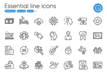 Employee hand, Engineer and Inventory line icons. Collection of Photo, Windy weather, Card icons. Verified locker, Augmented reality, Discounts chat web elements. Guitar, Stress. Vector