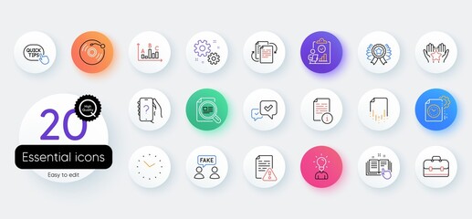 Simple set of Survey results, Technical documentation and Manual line icons. Include Inspect, Check article, Winner ribbon icons. Education, Recovery file, Portfolio web elements. Vector