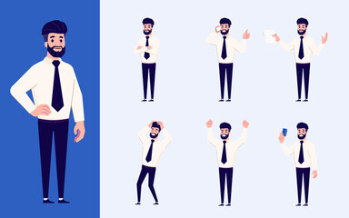 Set of Flat design businessman in many gesture isolated on white background. Business people in different pose in workplace. Character with separate body part for easy to animate in animation program.
