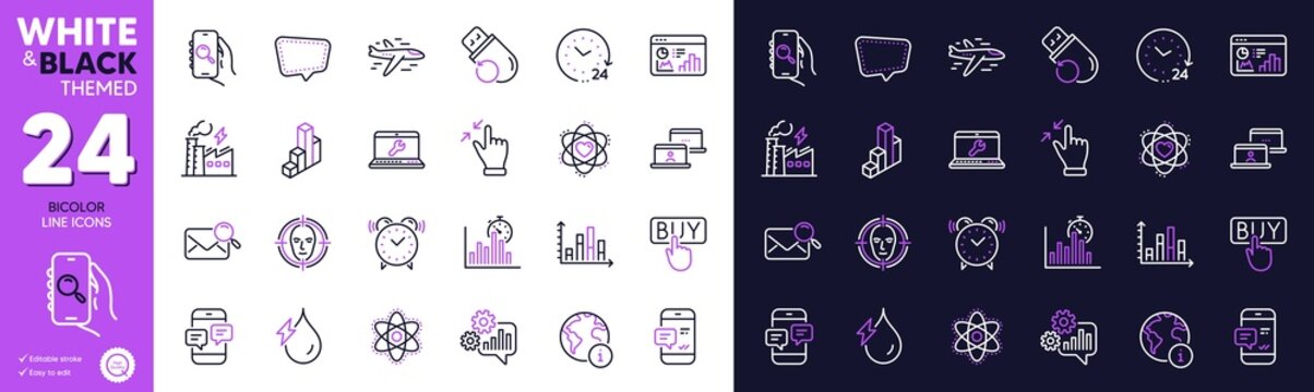 Flash Memory, Phone Messages And 24 Hours Line Icons For Website, Printing. Collection Of Laptop Repair, Electricity Factory, Chat Message Icons. Outsource Work, 3d Chart. Bicolor Outline Icon. Vector