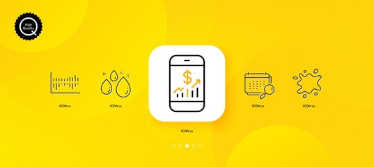 Fototapeta na wymiar Column diagram, Mobile finance and Calendar minimal line icons. Yellow abstract background. Water drop, Dirty spot icons. For web, application, printing. Vector