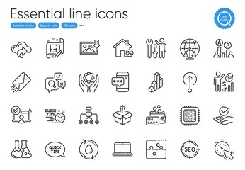 Cpu processor, Approved and Download photo line icons. Collection of Card, Inspect, Seo icons. Cloud share, Puzzle, Ab testing web elements. Chemistry lab, Send box, Online access. Vector