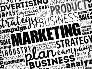 MARKETING - activities a company undertakes to promote the buying or selling of a product or service, word cloud concept background