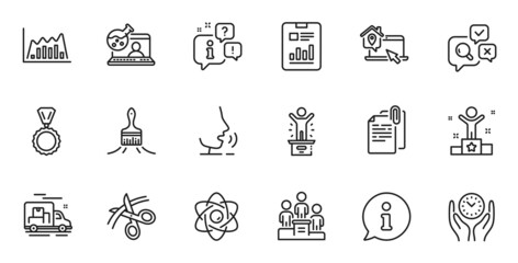 Outline set of Online chemistry, Winner podium and Infographic graph line icons for web application. Talk, information, delivery truck outline icon. Vector