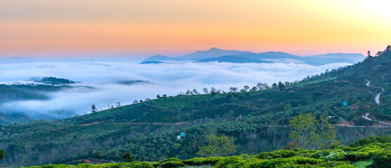 New morning scene on top hill looking down with fog covering valley and peaceful sunrise sky background in Da Lat highland, Vietnam