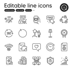 Set of Technology outline icons. Contains icons as Teamwork, Floor lamp and Online voting elements. Security app, Seo phone, 5g wifi web signs. Love message, Reject medal. Vector