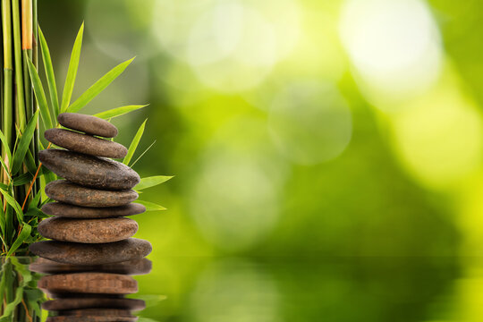 Zen stone anb bamboo on bokeh nature background.Space for text.
