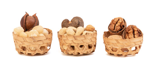 Walnuts,macadamia and cashew nut isolated on white background with clipping path.