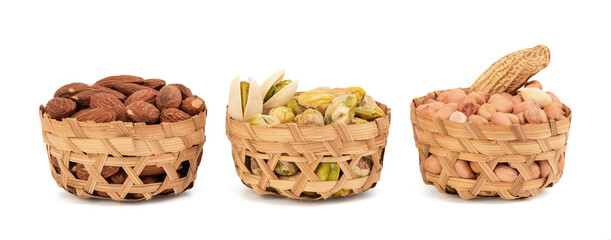 Almond,pistachio and peanut isolated on white background with clipping path.