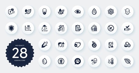 Set of Healthcare icons, such as Recovered person, Life insurance and Dumbbell flat icons. Corn, Cough, Plants watering web elements. Pets care, Coronavirus, Ph neutral signs. Circle buttons. Vector