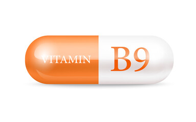 Capsule vitamin B9 structure orange and white. Beauty concept. Personal care. 3D Vector Illustration. transparent capsule pill. Drug business concept. Vitamin complex with chemical formula.