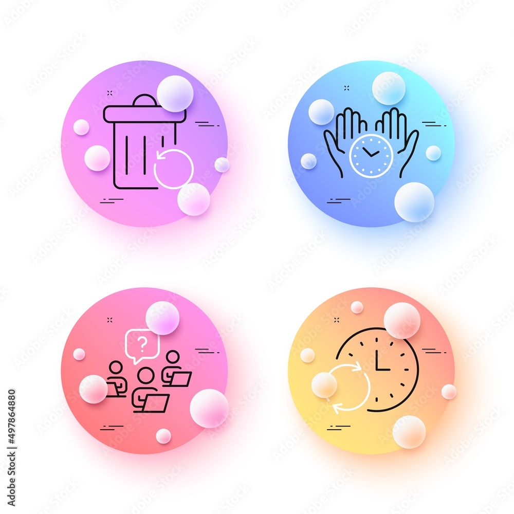 Poster recovery trash, update time and teamwork question minimal line icons. 3d spheres or balls buttons. s