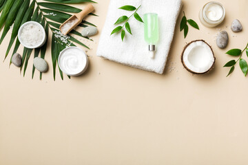 Fototapeta na wymiar Coconut with jars of coconut oil and cosmetic cream on colored background. Top view. Free space for your text. Natural spa coconut cosmetics and organic treatment concept Coconut Spa composition