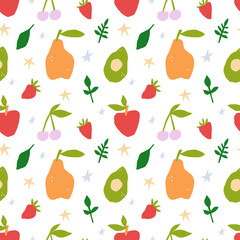 Fruits pattern designs, simple and modern. Colorful seamless background in collage style. Vector pattern with strawberry, apple, avocado, pear, cherry and leaves. For fabric, paper, print.