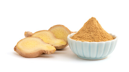 Ginger rhizome and powder isolated on white background.