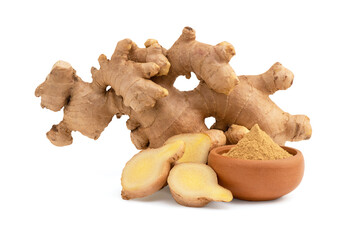 Ginger rhizome and powder isolated on white background with clipping path.