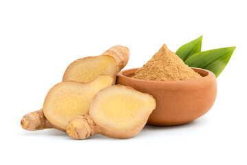 Ginger rhizome and powder isolated on white background with clipping path.