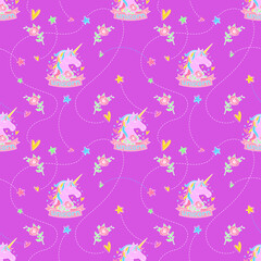 Seamless pattern with unicorns, flowers, hearts and stars. Cartoon character. Doodle vector illustration. Works well as a design for kid accessories, poster, greeting card, label or apparel print