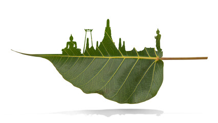 Vesak day concept:  wat arun on bodhi leaf with clipping path.