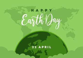 Happy earth day banner poster with world map on green color celebration on april 22.